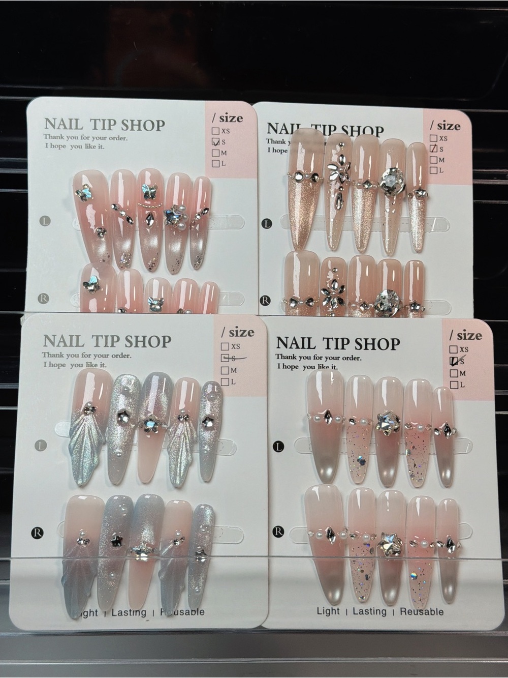 Elegant Nude and Silver Press-On Nail Set with Crystals -